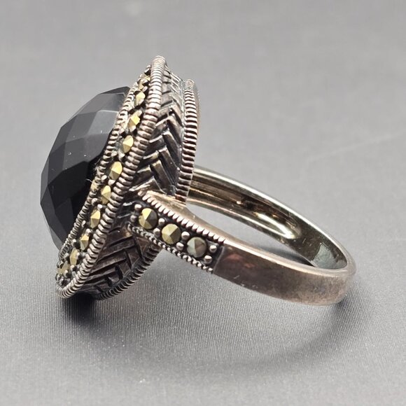 NF Sterling Silver Black Onyx & Marcasite Ring Size 9 Checkerboard Cut 8.92g - Picture 2 of 13